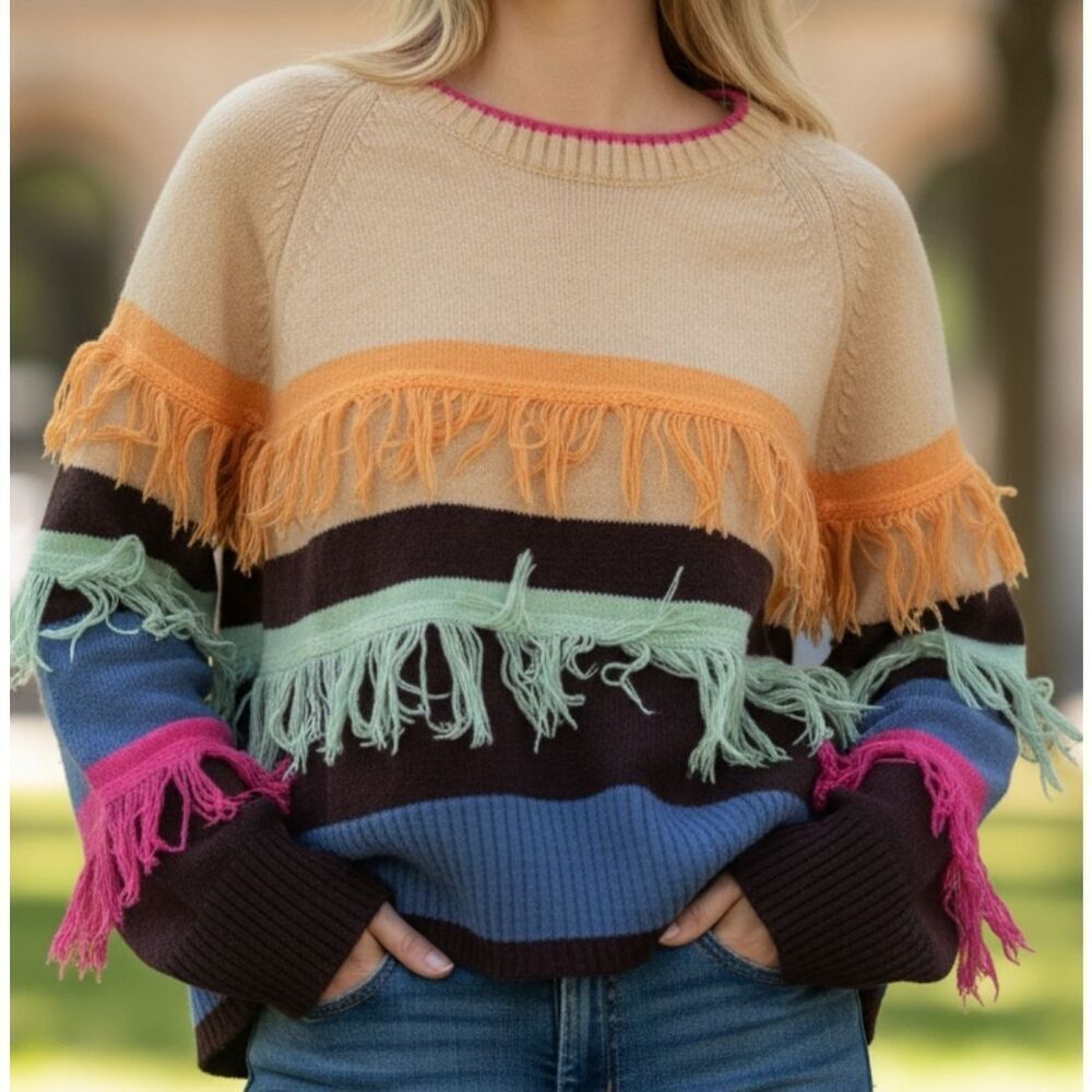 Davi & Dani Colorful Fringe Sweater Womens Size L Wide Sleeve Comfy Tight Knit